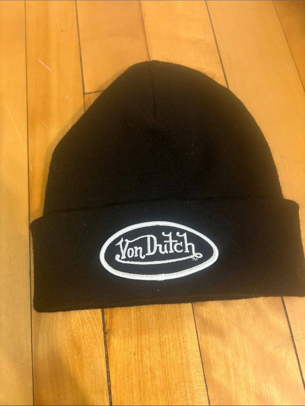 Von Dutch Black Beanie with White Oval Logo Patch